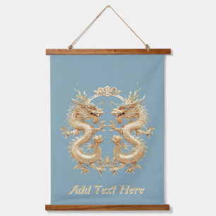 Modern Blue Gold Two-Headed Dragon Hanging Tapestry
