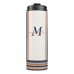 Modern Blue & Gold White Long Stripes   Thermal Tumbler