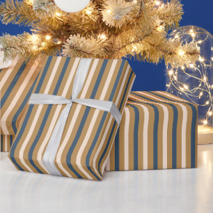 Modern Blue Gold White Stripe Christmas Wrapping Paper