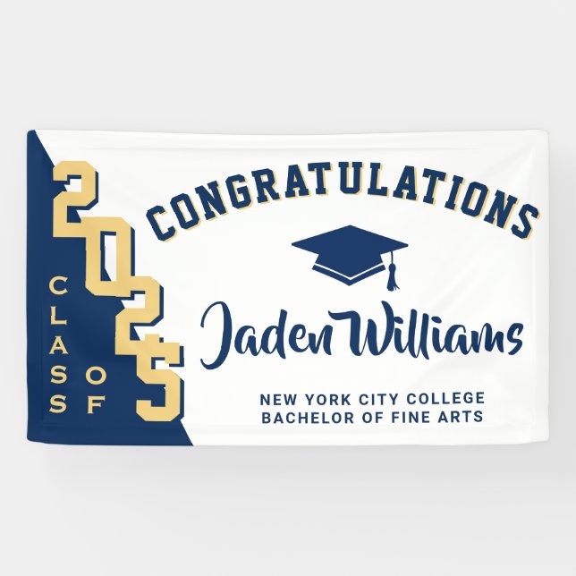 Modern Blue Golden Graduation Class of 2025 Party Banner (Horizontal)