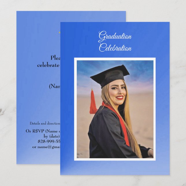 Modern Blue Gradient Grad Party Invitation - photo (Front/Back)