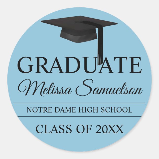 Modern Blue GRADUATE Class Graduation Cap  Classic Round Sticker (Front)