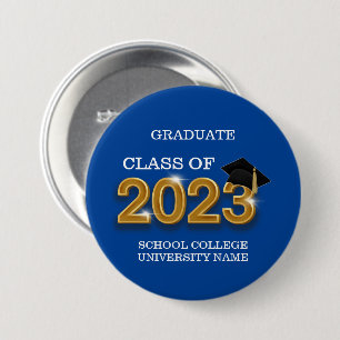Modern Blue Graduate Class of 2023 School Name 3 Inch Round Button