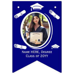Modern Blue Graduate Photo Graduation Cap, Diploma Bunting Flags