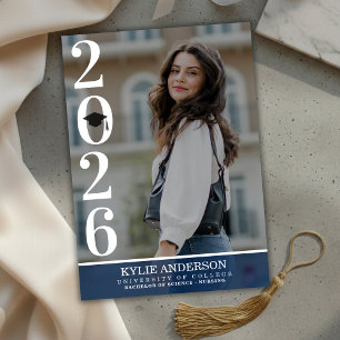 Modern Blue Graduation Cap Senior Photo Invitation