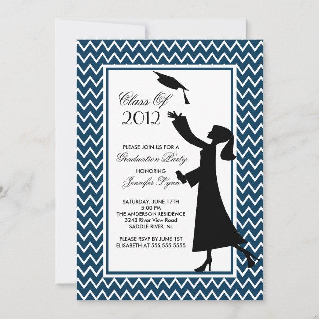 Modern Blue Graduation Invitation Silhouette Grad (Front)