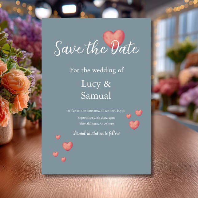 Modern Blue Gray Heart Save The Date Card (Creator Uploaded)