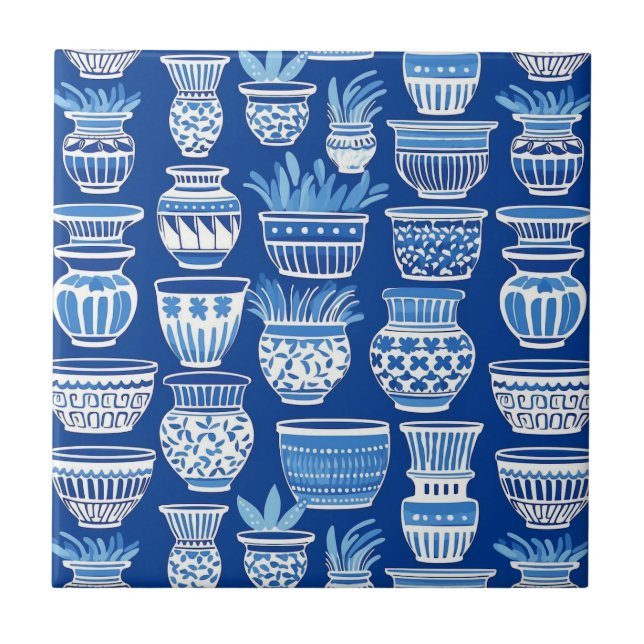 Modern blue Greek clay pots pattern Tile (Front)