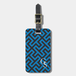 Modern blue greek key geometric patterns monogram luggage tag