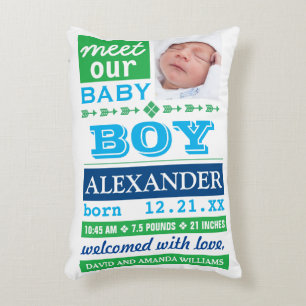 Modern Blue Green Baby Boy Photo Birth Stats Accent Pillow