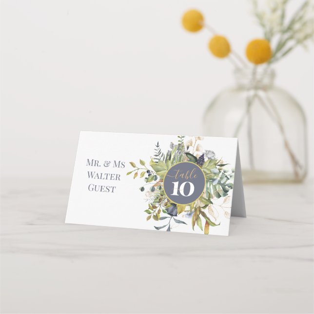 MODERN BLUE & GREEN BOTANICAL GREENERY Wedding Place Card (Front)