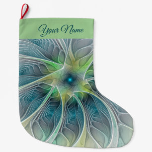 Modern Blue Green Fractal Fantasy Flower Own Name Large Christmas Stocking
