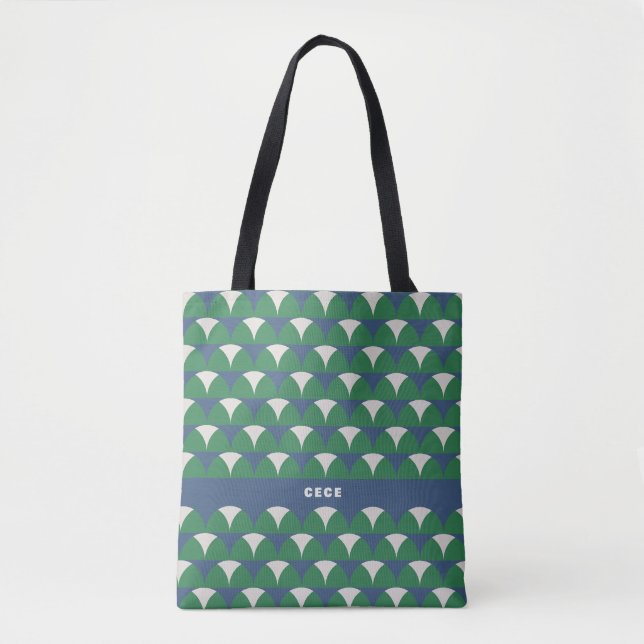 Modern blue green geometric retro personalized tote bag (Front)