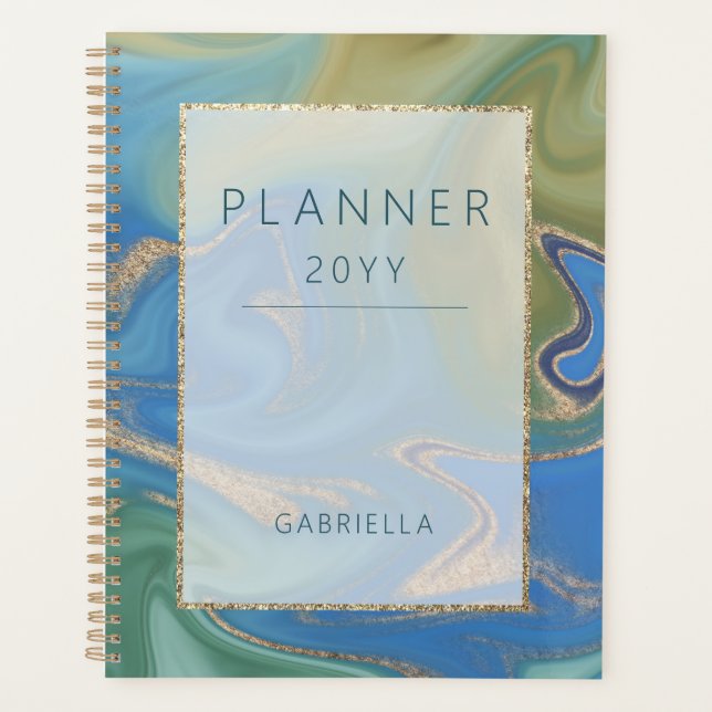 Modern Blue Green & Gold Abstract Planner (Front)