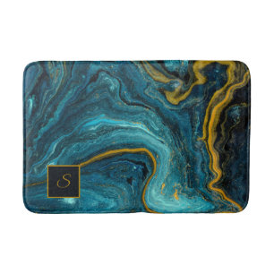 Modern Blue Green Gold Dust Abstract Art Marble Bath Mat