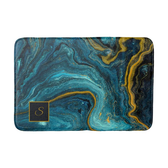 Modern Blue Green Gold Dust Abstract Art Marble Bath Mat (Front)