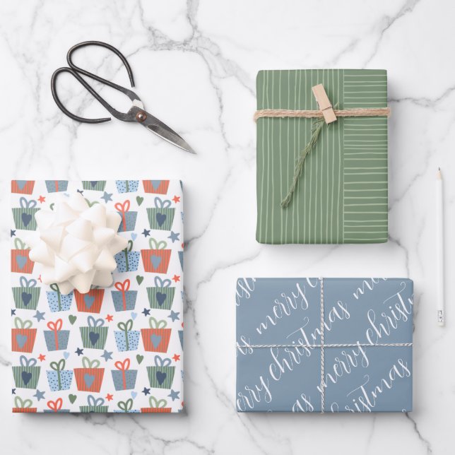 Modern Blue Green Merry Christmas Gift Pattern Wrapping Paper Sheet (Front)