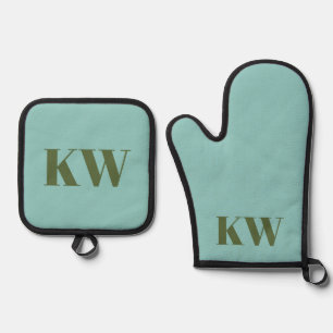 Modern Blue Green Monogram Initials Personalized  Oven Mitt & Pot Holder Set