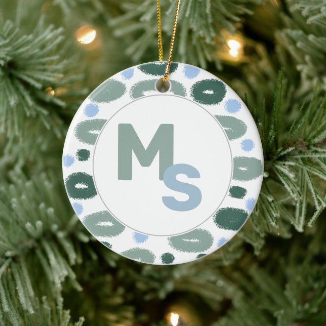 Modern Blue Green Pattern Name Aftername Monogram Ceramic Ornament (Tree)