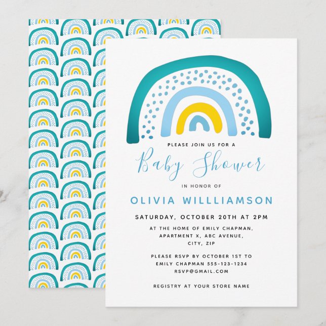 Modern Blue Green Rainbow Baby Shower Baby Boy Inv Invitation (Front/Back)