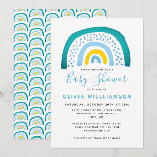 Modern Blue Green Rainbow Baby Shower Baby Boy Inv Invitation