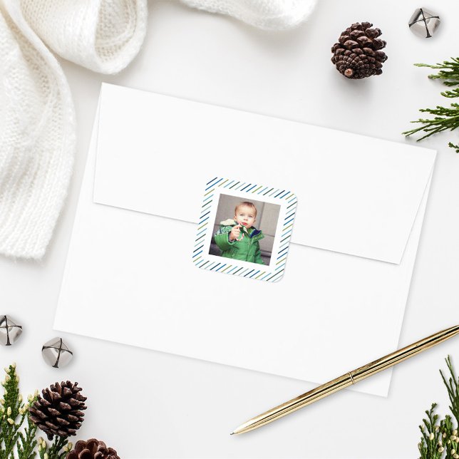 Modern Blue Green Stripes Holiday Photo Square Sticker (Creator Uploaded)