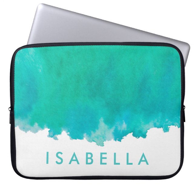 Modern Blue Green Teal Watercolor Name Elegant Laptop Sleeve (Front)
