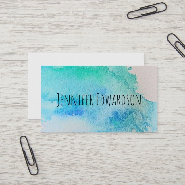 Modern blue green teal watercolor professional business card (Front/Back In Situ)