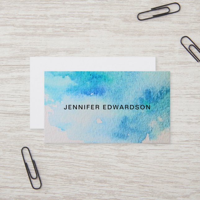 Modern blue green teal watercolor splatter splash business card (Front/Back In Situ)