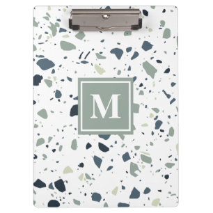 Modern Blue Green Terrazzo Marble Monogram Clipboard