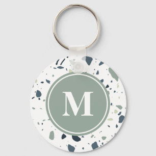 Modern Blue Green Terrazzo Marble Monogram Keychain
