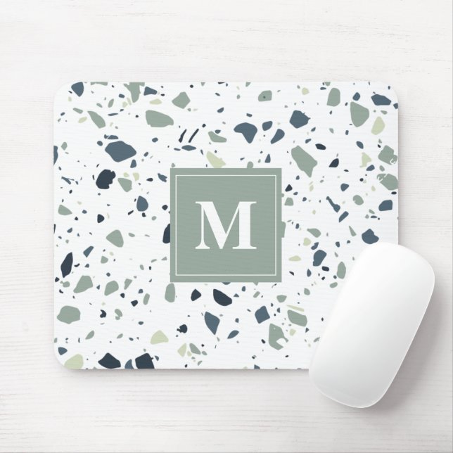 Modern Blue Green Terrazzo Marble Monogram Mouse Pad (With Mouse)