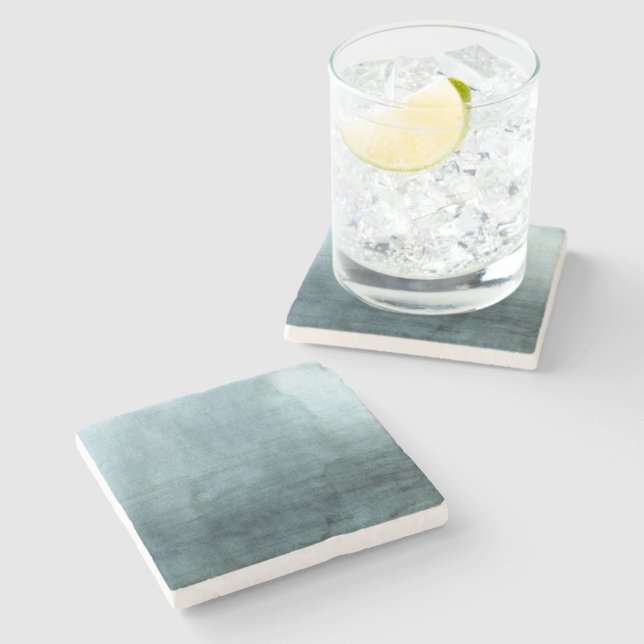 Modern Blue Green Watercolor Abstract Minimal Stone Coaster (Side)