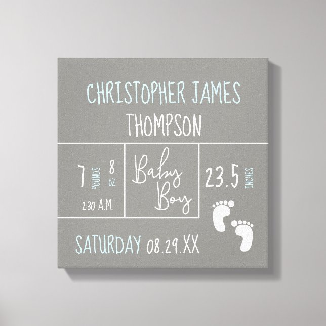 Modern Blue Grey Baby Boy Birth Announcement Canvas Print (Front)