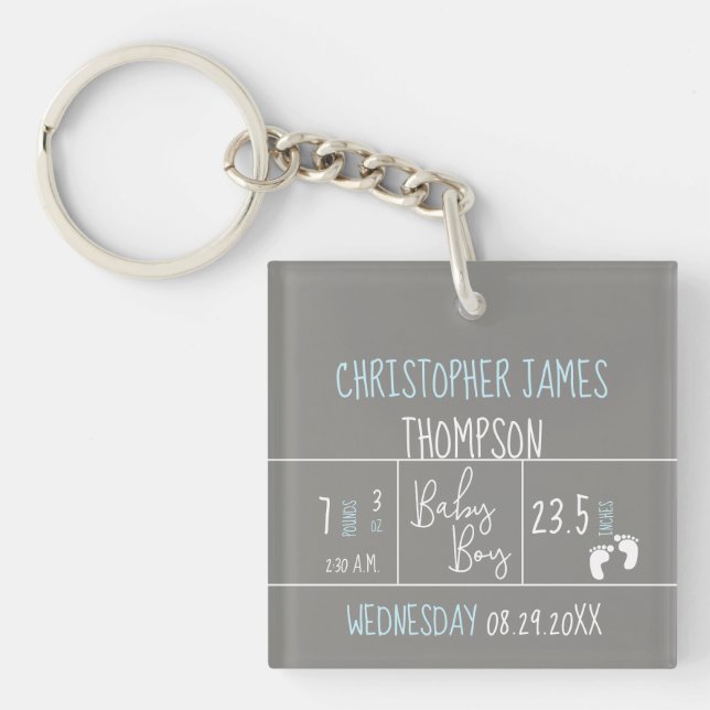 Modern Blue Grey Baby Boy photo Birth Announcement Keychain (Front)