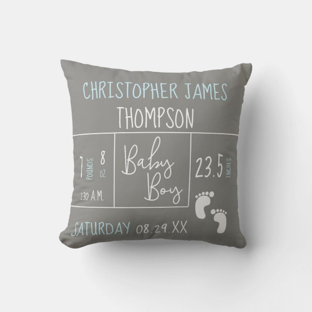 Modern Blue Grey Baby Boy photo Birth Announcement Throw Pillow (Front)