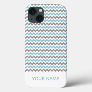 Modern Blue Grey Chevron Pattern with Name iPhone 13 Case