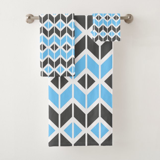 Modern Blue Grey Herringbone Geometric Pattern Bath Towel Set (Insitu)