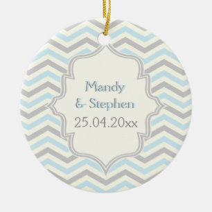 Modern blue, grey, ivory chevron pattern custom ceramic ornament
