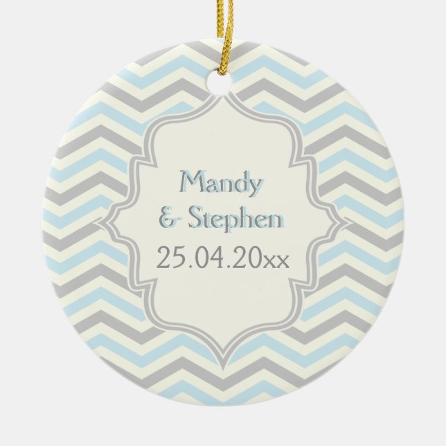 Modern blue, grey, ivory chevron pattern custom ceramic ornament (Front)
