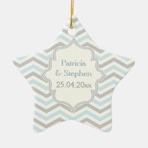 Modern blue, grey, ivory chevron pattern custom ceramic ornament