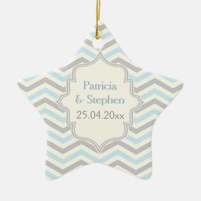 Modern blue, grey, ivory chevron pattern custom ceramic ornament (Front)