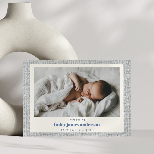 Modern Blue Grey Linen Texture Baby Photo Birth  Announcement (Creator Uploaded)
