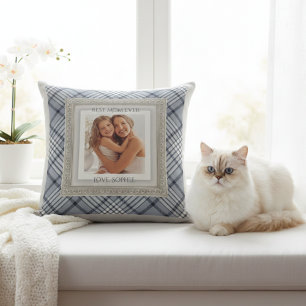 Modern Blue Grey Plaid Best Mom Ever Throw Pillow