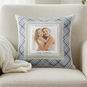 Modern Blue Grey Plaid Best Mom Ever Throw Pillow
