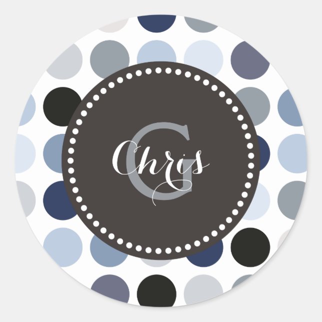 modern blue grey polka dots pattern monogram classic round sticker (Front)