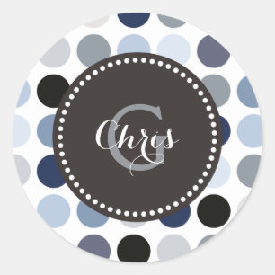 modern blue grey polka dots pattern monogram classic round sticker