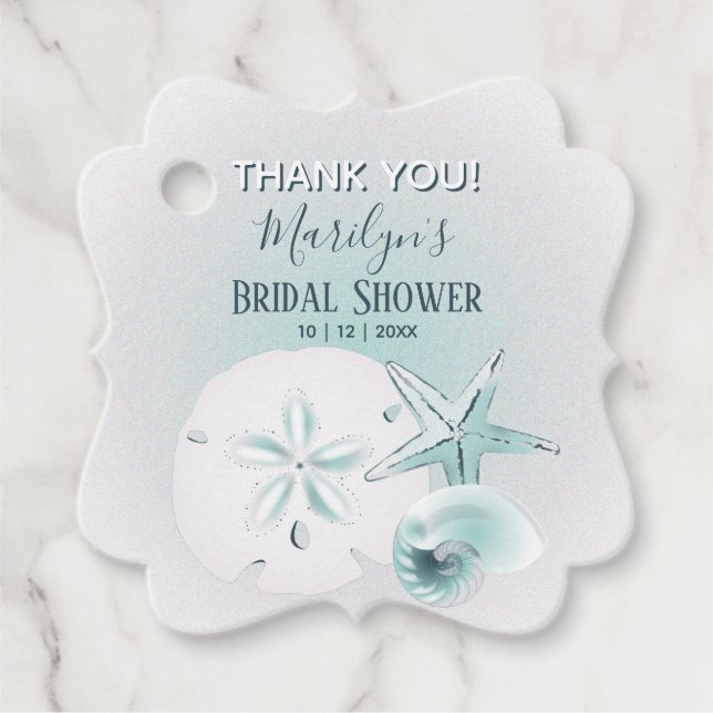 Modern Blue & Grey Seashell Favour Tags (Front)