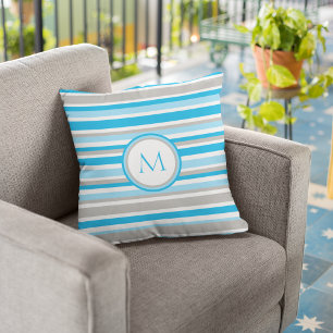 Modern Blue Grey Stripes Monogram Throw Pillow