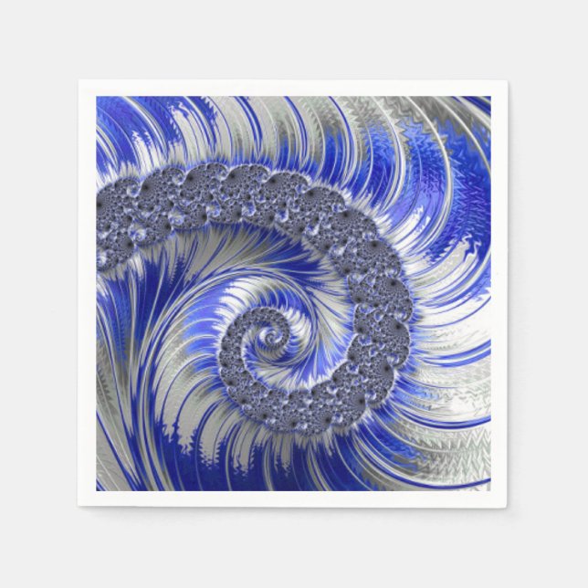 Modern Blue Grey White Spiral Fractal Napkin (Front)